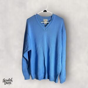 LL Bean Sweater Large Tall Blue V Neck Pullover Men's Winter Knit Cozy Vintage